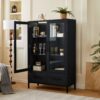 Modern Style Tall Display Cabinet With LED Lighting, Tempered Glass Door, 2 Drawers - Black - Image 6