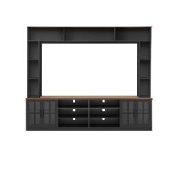 Wall Unit Entertainment Center With Bookshelves For TVs Up To 80", Modern TV Stand Media Console With Cabinets, Tempered Glass Doors And Adjustable Shelves For Living Room - Black