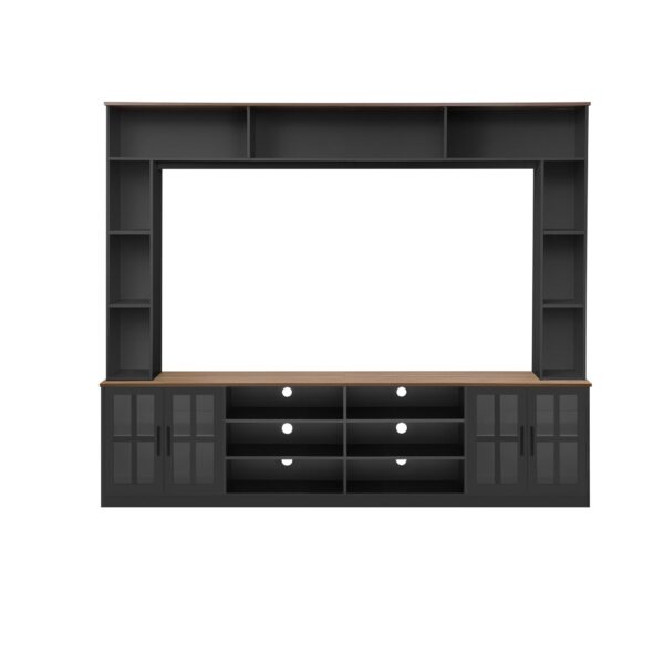 Wall Unit Entertainment Center With Bookshelves For TVs Up To 80", Modern TV Stand Media Console With Cabinets, Tempered Glass Doors And Adjustable Shelves For Living Room - Black