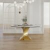 Luxury Round 59" Sintered Stone Dining Table With Stainless Steel Hourglass Base, Scratch & Heat Resistant Surface - Golden / White - Image 2