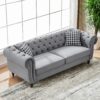 Chesterfield Velvet Upholstery Fabric Sofa With Roll Armrest & Nailhead, 3 And 2 Seater - Gray - Image 7