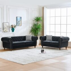 Chesterfield 3 And 2 Seater Velvet Upholstery Sofa With Roll Armrest & Nailhead Fabric Couch For Living Room & Office - Black