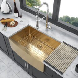 Farmhouse Kitchen Sink 33" Stainless Steel 16 Gauge Apron Front - Gold