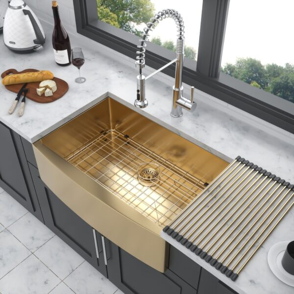 Farmhouse Kitchen Sink 33" Stainless Steel 16 Gauge Apron Front - Gold