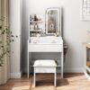 Fashion Vanity Desk With Mirror And Lights For Makeup, Hair Dryer Holder And Chair, Adjustable Lighting - White - Image 2