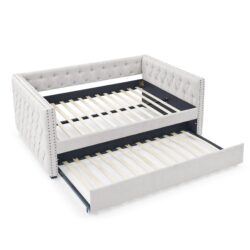 Mid Century Upholstered Tufted Daybed With Trundle Elegant Button And Nailhead Design Full Daybed & Twin Trundle - Beige