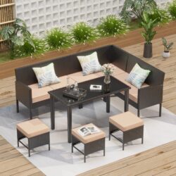 Small Space Patio Furniture 7 Piece Set With Waterproof Cushions And Glass Table, Suitable For Backyard, Terrace Or Garden - Khaki
