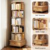 6 Tier Rotating Bookshelf With Wheels And Drawer, 360° Spinning Design, Space Saving Storage, For Home - Wood - Image 8