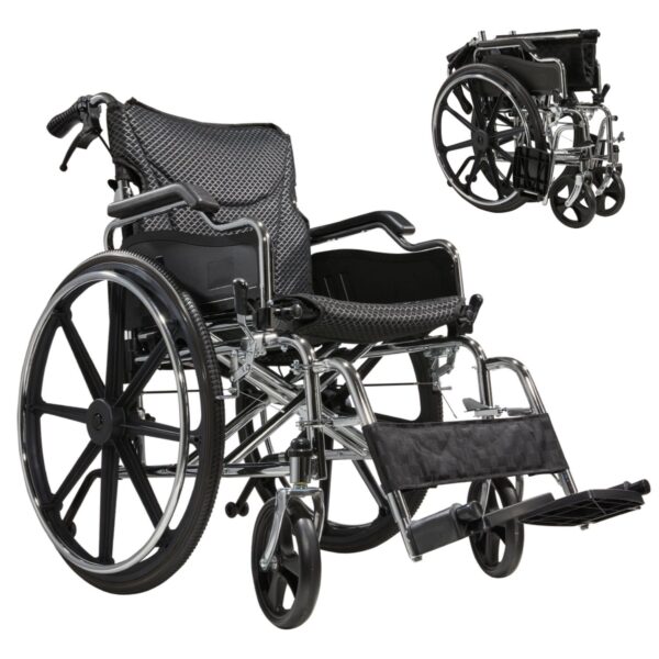 Lightweight Wheelchair Foldable 300 Lbs Capacity 24" Tires Adjustable Seat Belt And Anti Backflip Device Safe And Durable Transport Chair For And Disabled - Silver