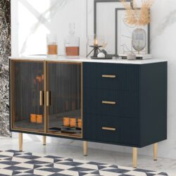 Modern Sideboard Buffet Cabinet Marble Sticker Tabletop And Amber-Yellow Tempered Glass Doors With Gold Metal Legs & Handles - Navy Blue