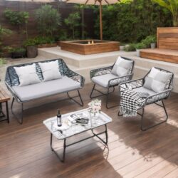 Elegant 4 Piece Wicker Patio Furniture Set With Tempered Glass Table And Detachable Cushions - Gray