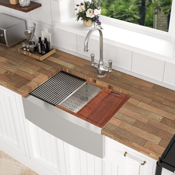 Farmhouse Workstation Kitchen Sink With Apron Front, Stainless Steel 16 Gauge - Brushed Nickel
