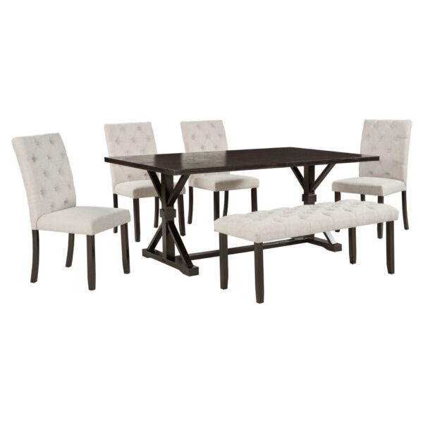 Farmhouse 6 Piece Dining Table Set With Rectangular Wood Table, 4 Upholstered Chairs, Bench - Espresso