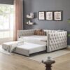 Mid Century Upholstered Tufted Daybed With Trundle Elegant Button And Nailhead Design Full Daybed & Twin Trundle - Beige - Image 2