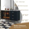 Modern Sideboard Buffet Cabinet Marble Sticker Tabletop And Amber-Yellow Tempered Glass Doors With Gold Metal Legs & Handles - Navy Blue - Image 5