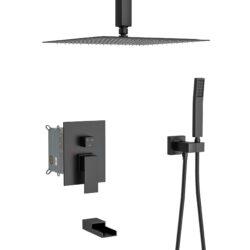 12" Ceiling Mount Square Shower System With Waterfall Tub Spout And Rough In Valve - Matte Black