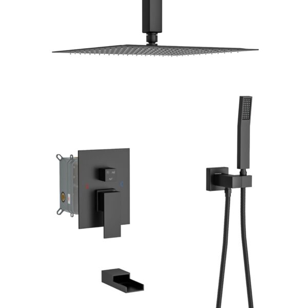 12" Ceiling Mount Square Shower System With Waterfall Tub Spout And Rough In Valve - Matte Black