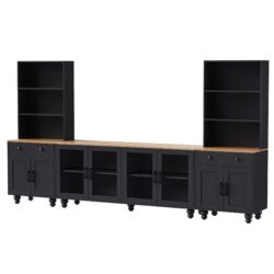 Farmhouse TV Stand With Solid Wood Gourd Shaped Legs For TVs Up To 70", Entertainment Center With Bookshelves & Tempered Glass Doors, Media Console With Adjustable Shelves, Living Room - Black / Natural