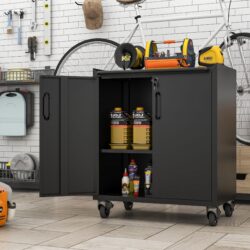 Heavy Duty Metal Garage Storage Cabinet With Wheels Sturdy Tool Storage Solution In Steel - Black