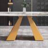 63" Modern Artificial Stone Pandora White Curved Metal Leg Dining Table, 6 People - Antique White / Gold - Image 8