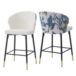 Modern Jacquard Counter Height Bar Stools (Set of 2) With Metal Footrest - White