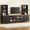 Farmhouse TV Stand With Solid Wood Gourd Shaped Legs For TVs Up To 70", Entertainment Center With Bookshelves & Tempered Glass Doors, Media Console With Adjustable Shelves, Living Room - Black / Natural - Image 3