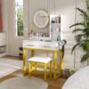 Modern Makeup Vanity Table With LED Lights, Power Outlet, And Metal Chair - White - Image 11