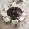 Modern Artificial Stone Round Metal Iron Base Dining Table, Can Accommodate 8 People Artificial Stone Turntable (Not Including Chairs) - Black - Image 2