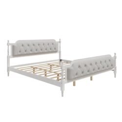 King Size Traditional Style Solid Bed Frame With Upholstered Tufted Headboard, No Box Spring Needed - Antique White