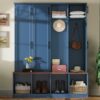 Farmhouse Hall Tree With 4 Hidden Hanging Hooks, Versatile Seating Bench With 8 Doors, Entryway Shoe Cabinet With Open Compartments For Living Room - Blue - Image 4