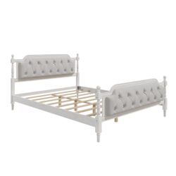 Traditional Style Solid Bed Frame With Upholstered Tufted Headboard, No Box Spring Needed, Queen Size - Antique White