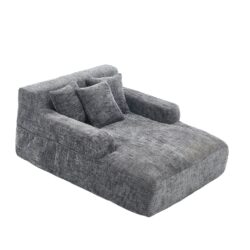 Chenille Interior Lazy Sofa Chaise Longue Armchair With 3 Pillows And Armrests - Gray