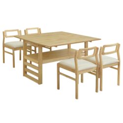 5 Piece Extendable Wood Square Dining Table Set With 2 Drop Leaves, Compact Storage Shelf Kitchen Table Set With Upholstered Chairs For 4 - Natural
