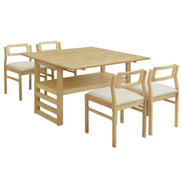 5 Piece Extendable Wood Square Dining Table Set With 2 Drop Leaves, Compact Storage Shelf Kitchen Table Set With Upholstered Chairs For 4 - Natural