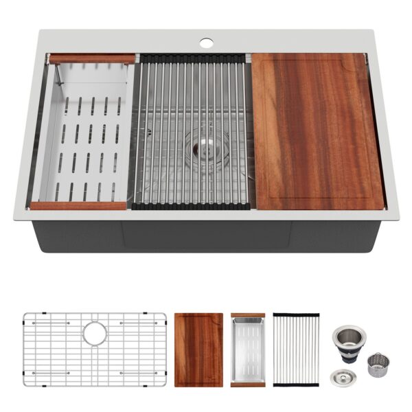 30" Topmount Stainless Steel Kitchen Sink With Workstation Ledge And Accessories - Black