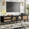 Rattan TV Stand With 3 Cabinets & 2 Drawers, Rattan-Inspired Media Console Table For Tvs Up To 80'', LED Light Entertainment Center, TV Cabinet For Living Room - Black - Image 26