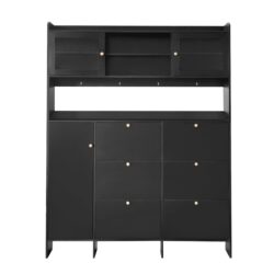 Multifunctional Tipping Bucket Shoe Cabinet With Storage Shelf & 6 Flip Drawers, Large Hall Tree With Tempered Glass Doors, Foyer Cabinet With 4 Hooks For Hallway - Black