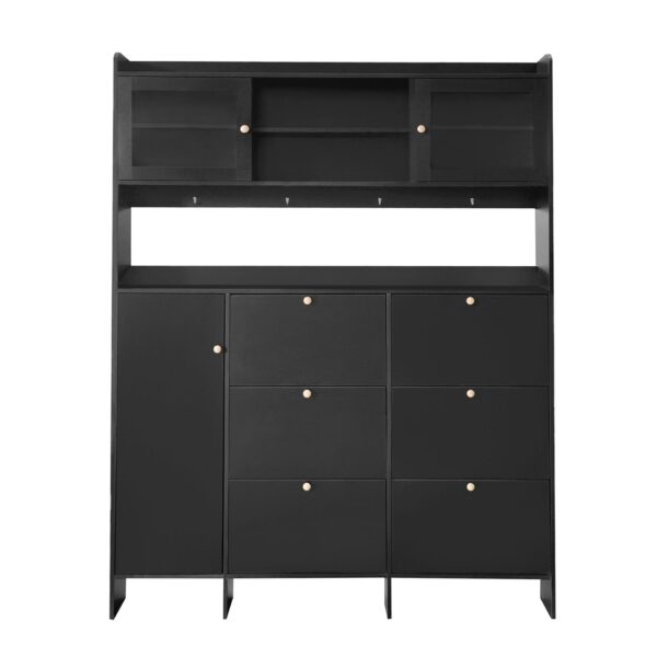 Multifunctional Tipping Bucket Shoe Cabinet With Storage Shelf & 6 Flip Drawers, Large Hall Tree With Tempered Glass Doors, Foyer Cabinet With 4 Hooks For Hallway - Black