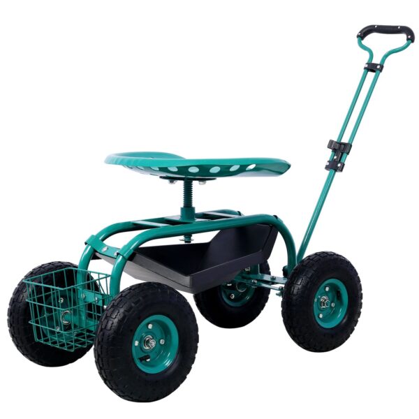 Rolling Garden Scooter Cart Seat With Wheels, 360 Swivel, Tool Tray, Steel Frame - Green