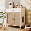 Pet Friendly Furniture Style Cat Litter Box House With Sisal Scratching Door And Charging Socket - Beige / White - Image 5