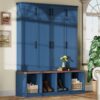 Farmhouse Hall Tree With 4 Hidden Hanging Hooks, Versatile Seating Bench With 8 Doors, Entryway Shoe Cabinet With Open Compartments For Living Room - Blue - Image 2