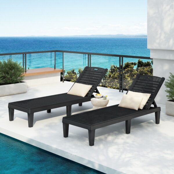 Outdoor Chaise Lounges (Set of 2) With Adjustable Backrest Polypropylene Resin For Patio, Poolside Or Beach - Black
