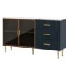 Modern Sideboard Buffet Cabinet Marble Sticker Tabletop And Amber-Yellow Tempered Glass Doors With Gold Metal Legs & Handles - Navy Blue - Image 9