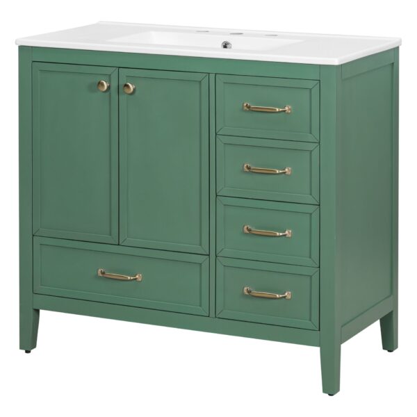 Elegant Vintage 36" Bathroom Vanity With Sink And Soft Closing Door, 4 Drawers Of Different Sizes Frame - Green