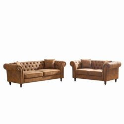 Chesterfield 3 And 2 Seater Sofa Set, High Tech Fabric Upholstered Couch For Living Room And Office - Brown