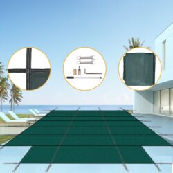 High Strength Mesh Pool Safety Cover With Installation Hardware, 16 X 32Ft With 4 X 8Ft End Step - Green