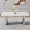 Modern Minimalist Dining Table With Imitation Marble Glass Desktop And Metal Legs - Silver / White - Image 5