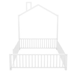 Full Size Metal House Platform Bed With Guardrail And Chimney - White