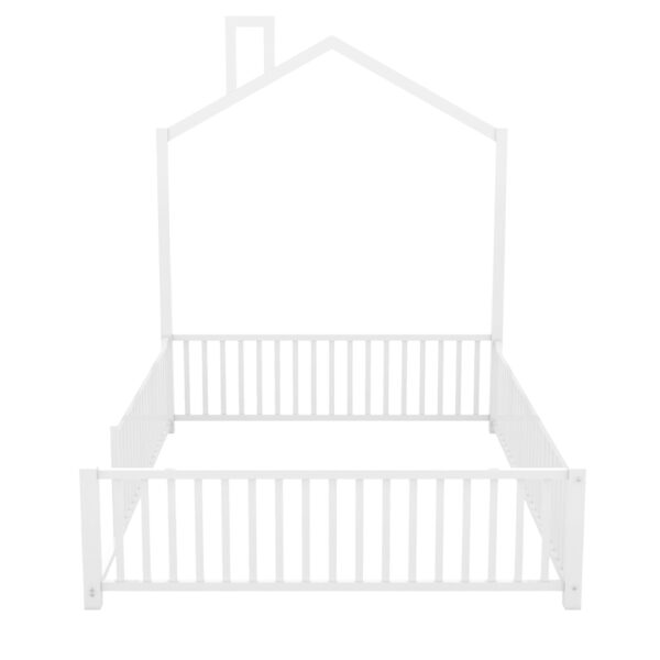 Full Size Metal House Platform Bed With Guardrail And Chimney - White