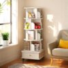 5 Tier Rotating Bookshelf With Wheels And Drawer, 360° Spinning Design, Space Saving Storage, For Home And Office - White - Image 6